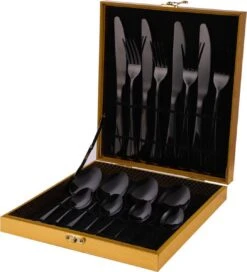 SMILON Bestekset In Koffer Zwart - 16 Delig Messen Vorken Lepels Voor 4 Personen - Camping - Ideaal Voor Reizen, Kamperen, Thuis