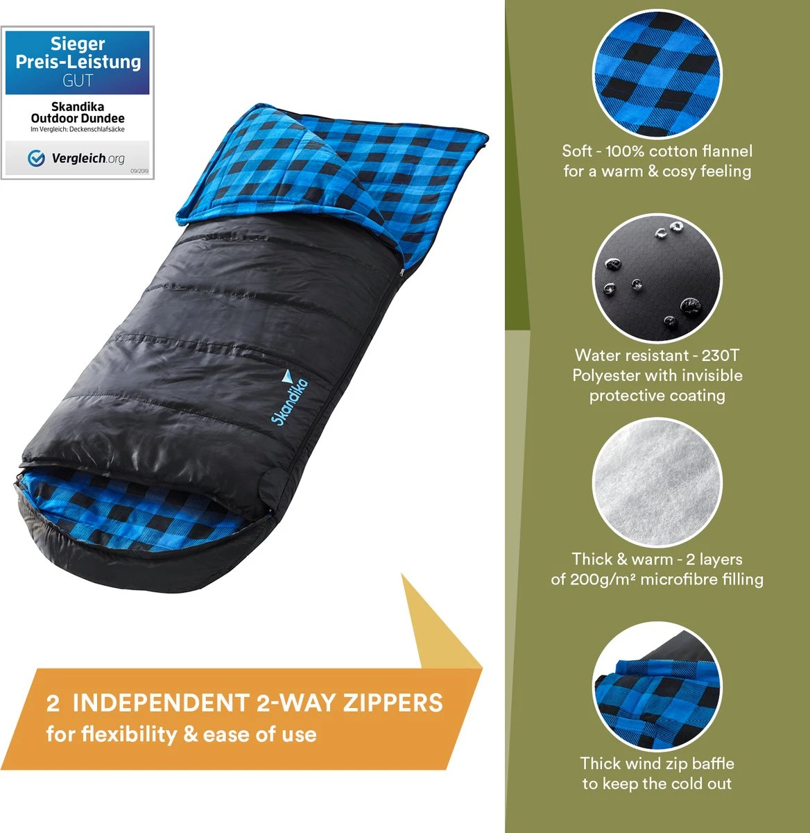 Skandika Dundee Flannel-L Slaapzak – Mummmieslaapzakken – Slaapzakken Volwassen - Maat M – Unisex - Katoen, Luxe Kwaliteit, Dubbele Slaapzak, 3 Seizoenen, Tot -20°C - 220 X 80 Cm - Outdoor Kampeerslaapzak – Ritssluiting Links - Zwart/blauw 7 Skandika Dundee Flannel-L Slaapzak – Mummmieslaapzakken – Slaapzakken Volwassen - Maat M – Unisex - Katoen, Luxe Kwaliteit, Dubbele Slaapzak, 3 Seizoenen, Tot -20°C - 220 X 80 Cm - Outdoor Kampeerslaapzak – Ritssluiting Links - Zwart/blauw - Afbeelding 5