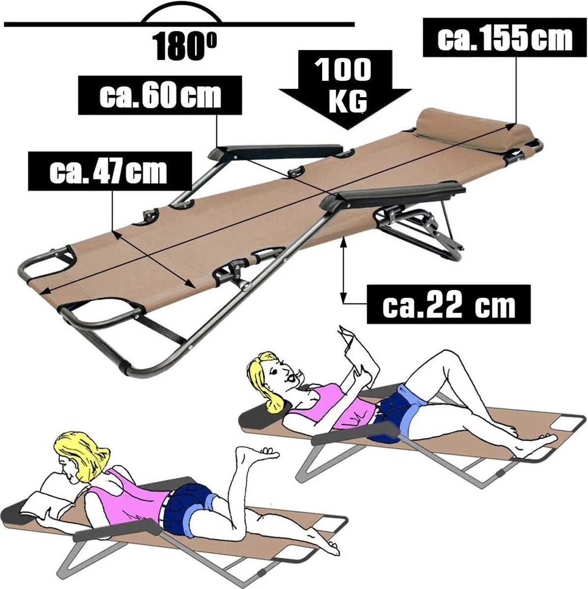 Ligstoel Opvouwbaar 155x60cm - Lichte Ligbed Relaxstoel Tuinstoel Campingstoel Strandstoel 16 Ligstoel Opvouwbaar 155x60cm - Lichte Ligbed Relaxstoel Tuinstoel Campingstoel Strandstoel - Afbeelding 14