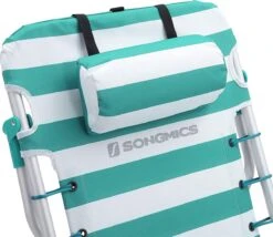 Strandstoel Met Afneembare Hoofdsteun, Draagbare Klapstoel, Campingstoel, Rugleuning Tot 180° Verstelbaar, Met Bekerhouder En Zijvak, Groene En Witte Strepen GCB62JW -Buitenkampeer Winkel 1200x1038 1