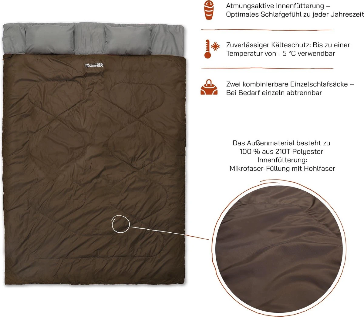 Where Tomorrow Double Slaapzak 220 X 150 Cm Diverse Kleuren - Bruin 4 Where Tomorrow Double Slaapzak 220 X 150 Cm Diverse Kleuren - Bruin - Afbeelding 2