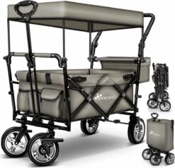 Tresko- Bolderkar, Grijs, Opvouwbaar, Met Dakje, Geschikt Tot 80 Kg - Bolderwagen - Kinderenvervoer - Bolderkarren - Tuinkar - Kinderwagen