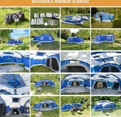 Skandika Nimbus Sleeper 12 Tent – Koepeltenten – 12 Persoons Familietent - Campingtent – Muggengaas – Sleeper Technology (3 Extra Donkere Slaapcabines) – 760 X 630 X 215 Cm (LxBxH) – 5000 Mm Waterkolom – Camping, Tuin – Kamperen – Blauw/wit -Buitenkampeer Winkel 1200x1162 1