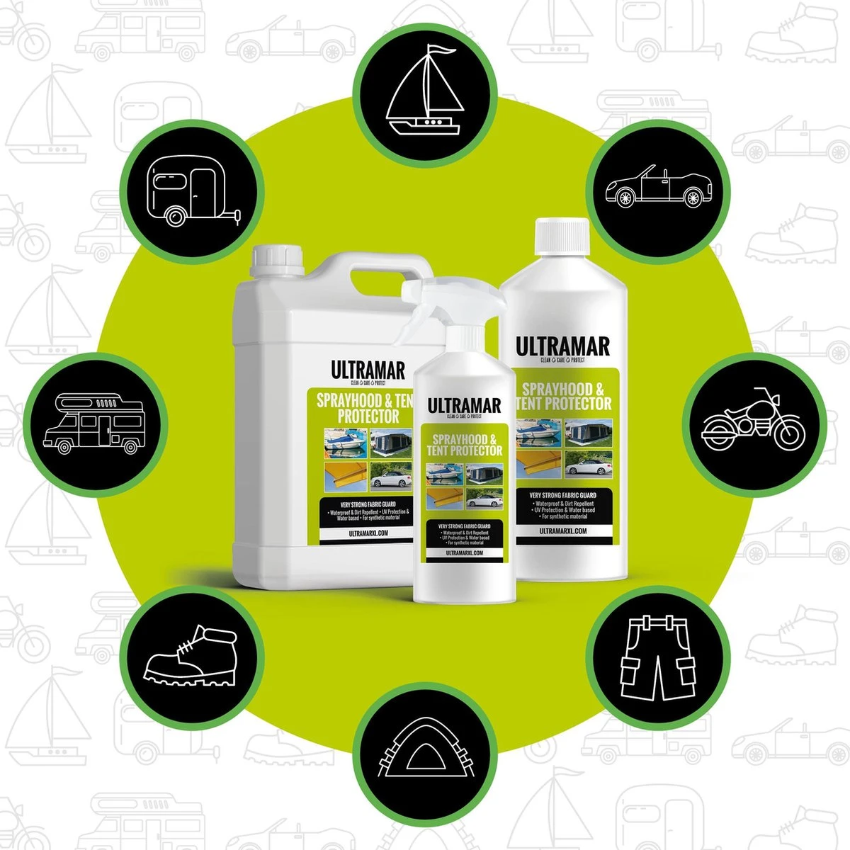 Ultramar - Sprayhood & Tent Protector 2,5L - Impregneermiddel Voor Bootkap, Tent, Cabriodak - Maakt Waterdicht En Geeft Extra Bescherming 4 Ultramar - Sprayhood & Tent Protector 2,5L - Impregneermiddel Voor Bootkap, Tent, Cabriodak - Maakt Waterdicht En Geeft Extra Bescherming - Afbeelding 2
