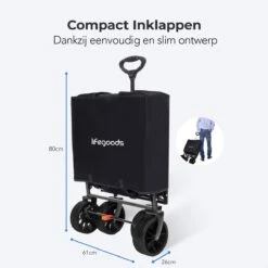 LifeGoods Bolderkar - Opvouwbaar - Tot 120KG - 103L - Extra Draagtas En Duwstang - Wasbaar Polyester - 98x45cm - Zwart/Grijs -Buitenkampeer Winkel 1200x1200 1544