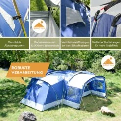 Skandika Nimbus Sleeper 12 Tent – Koepeltenten – 12 Persoons Familietent - Campingtent – Muggengaas – Sleeper Technology (3 Extra Donkere Slaapcabines) – 760 X 630 X 215 Cm (LxBxH) – 5000 Mm Waterkolom – Camping, Tuin – Kamperen – Blauw/wit -Buitenkampeer Winkel 1200x1200 58