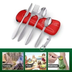 Roestvrij Staal Bestek (kampeerset) – Draagbare Reislepels, -vork En -mes Voor Festivals, Camping Of Trektochten - Wordt Geleverd Met Een Neopreen Draagtasje Met Een Lichtgewicht Flesopener -Buitenkampeer Winkel 1200x1200 866