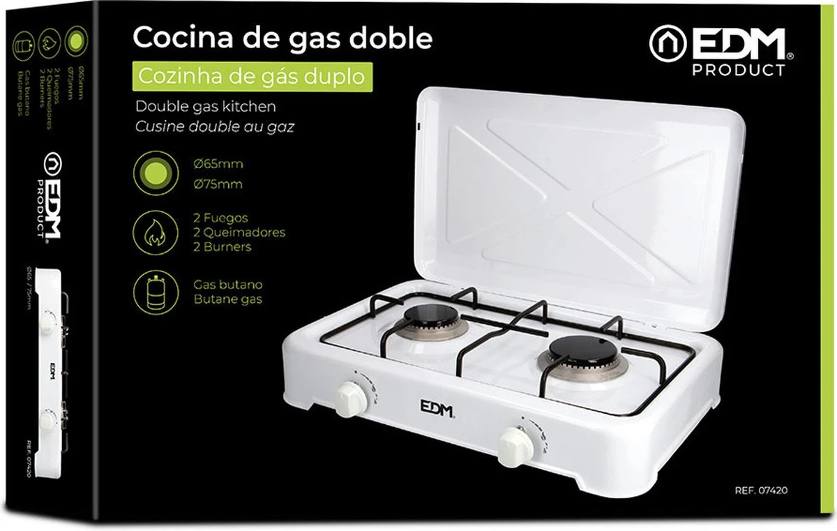 EDM 2-Pits Gaskooktoestel - Camping - Wit - 46x30x12 Cm 5 EDM 2-Pits Gaskooktoestel - Camping - Wit - 46x30x12 Cm - Afbeelding 3